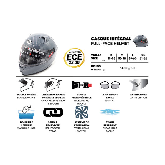 Casque intégral FRV gris (taille S à XL) pour trottinette électrique