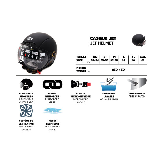 Casque JET FRV noir mat (taille XS à XXL) pour trottinette électrique